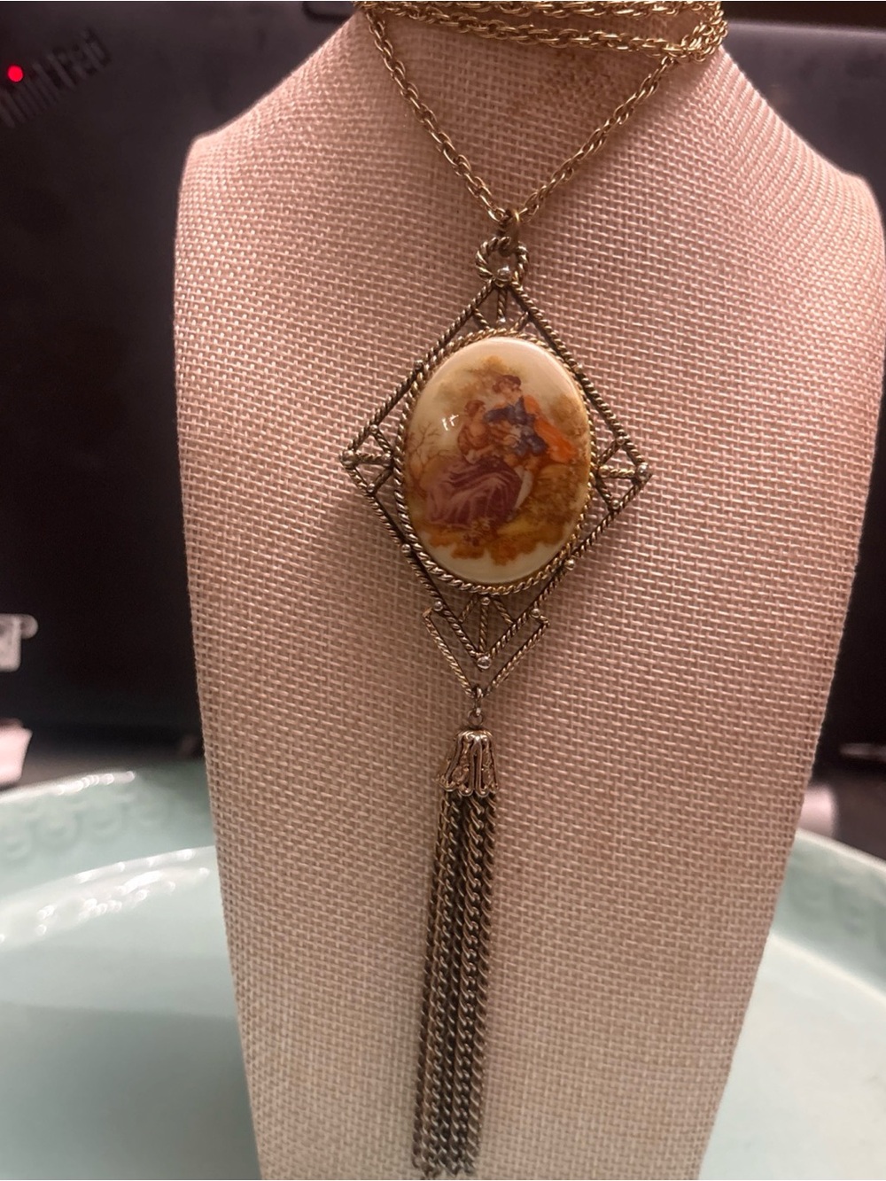 Gold-Tone Cameo Pendant Tassel Necklace - Cream & Brown